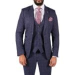 Mens Navy Blue 3 Piece Suit Double Breasted Waistcoat Tan Prince Of Wales Check - Knighthood Store
