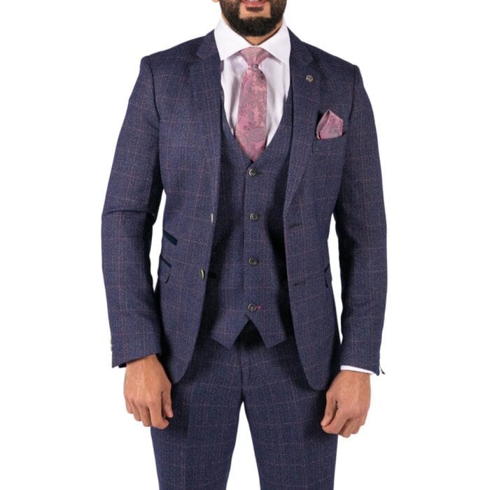 Mens Navy Blue 3 Piece Suit Double Breasted Waistcoat Tan Prince Of Wales Check - Knighthood Store