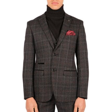 Mens Grey Black 3 Piece Tweed Suit Herringbone Wine Vintage Retro - Knighthood Store