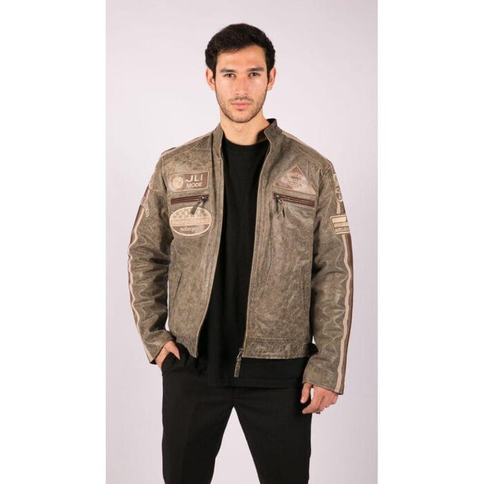 Mens Classic Retro Biker Racer Real Leather Jacket Desert Brown Grey Casual - Knighthood Store