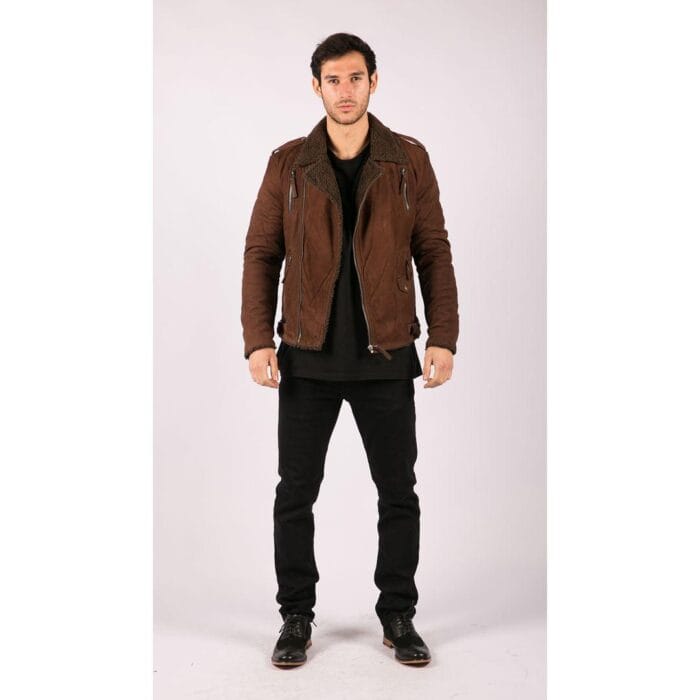 Mens Black Brown Cross Zip Real Leather Biker Jacket Fleece Lined Fitted Smart Casual - Knighthood Store