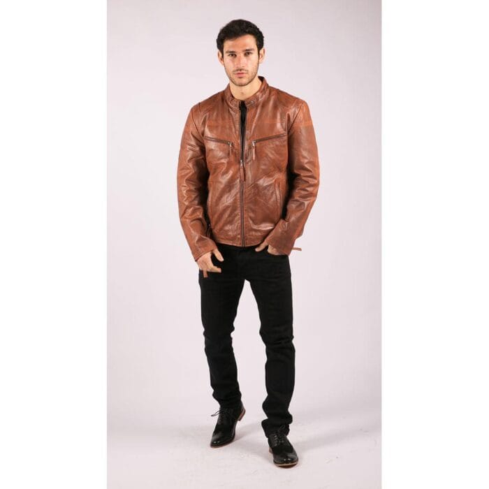 Mens Real Leather Jacket Biker Style Vintage Black Zipped Pockets Casual Fitted - Knighthood Store