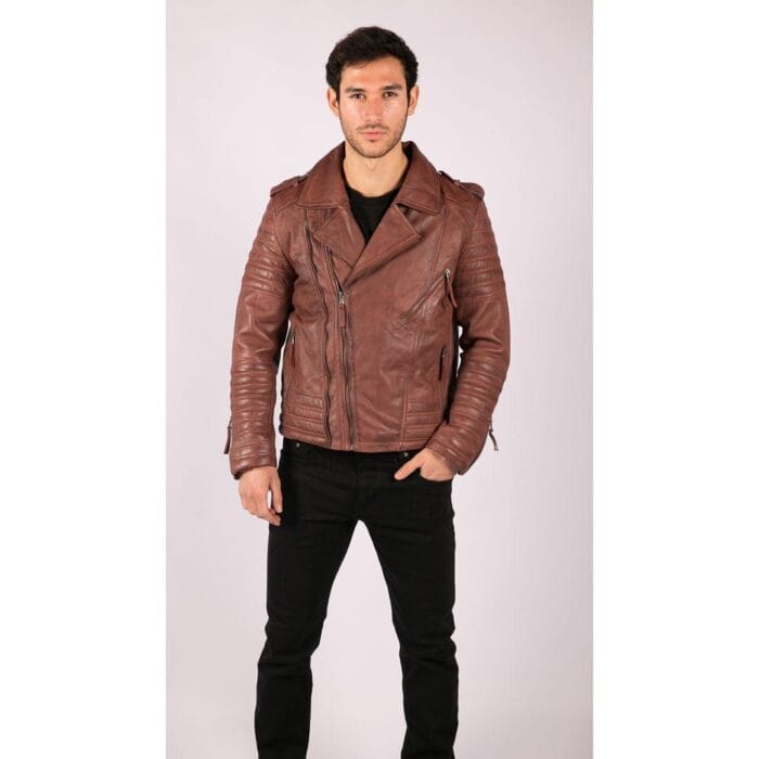 Mens Cross Zip Vintage Retro Biker Jacket Black Real Leather Urban Slim Fit - Knighthood Store