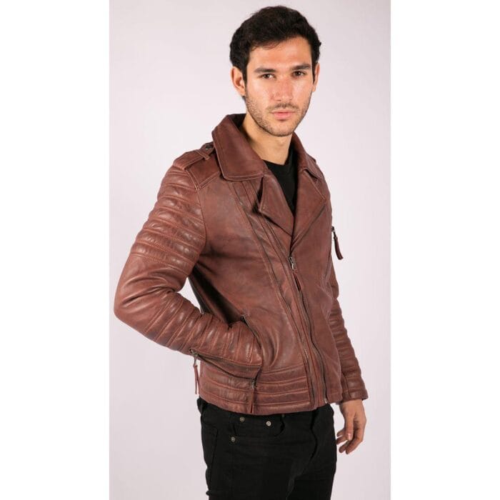 Mens Cross Zip Vintage Retro Biker Jacket Black Real Leather Urban Slim Fit - Knighthood Store