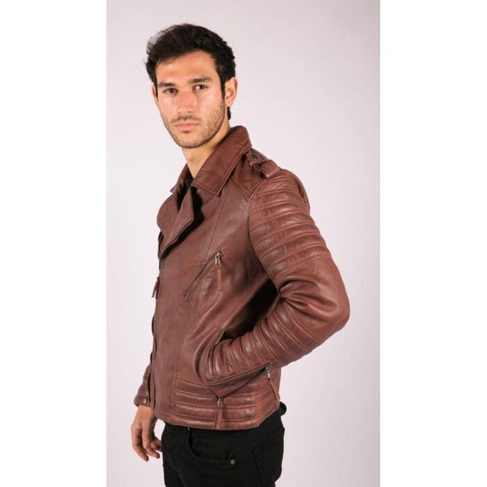 Mens Cross Zip Vintage Retro Biker Jacket Black Real Leather Urban Slim Fit - Knighthood Store