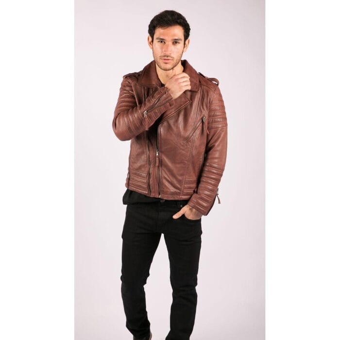 Mens Cross Zip Vintage Retro Biker Jacket Black Real Leather Urban Slim Fit - Knighthood Store