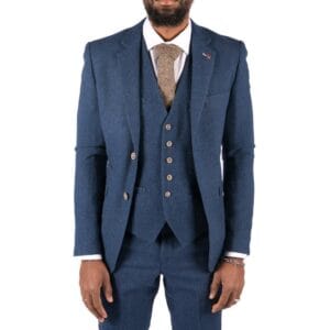 Mens 3 Piece Wool Suit Blue Tweed Vintage 1920s Classic 4 Pocket Waistcoat - Knighthood Store