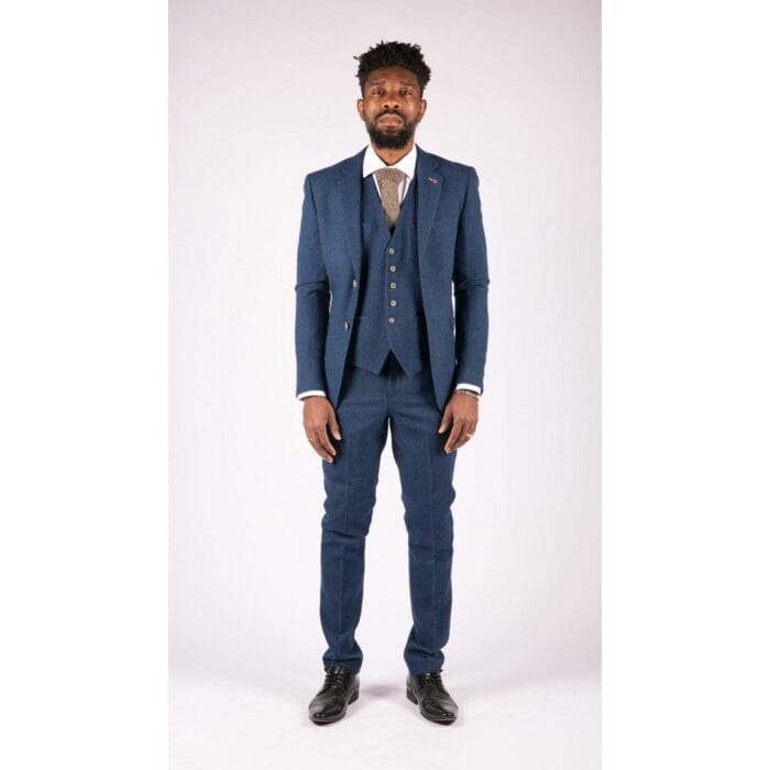 Mens 3 Piece Wool Suit Blue Tweed Vintage 1920s Classic 4 Pocket Waistcoat - Knighthood Store