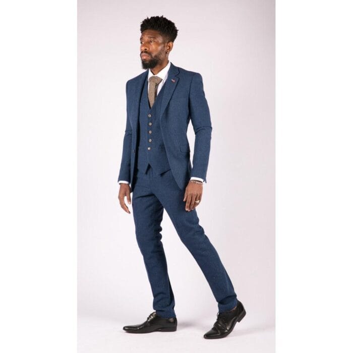 Mens 3 Piece Wool Suit Blue Tweed Vintage 1920s Classic 4 Pocket Waistcoat - Knighthood Store