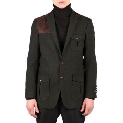 Mens Wool Tweed Shooting Jacket Hunting Blazer Smart Casual Elbow Patch Olive - Knighthood Store