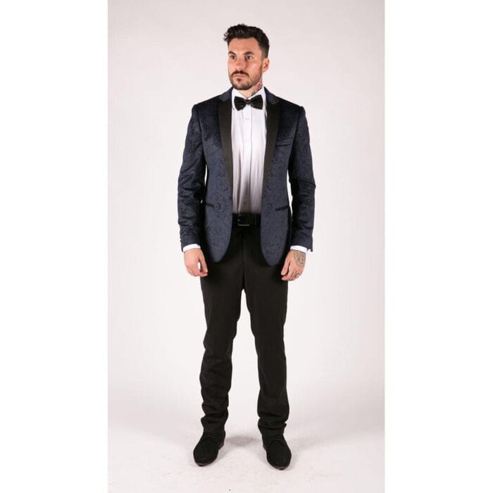 Mens Marc Darcy Velvet Paisley Blue Black Blazer Tuxedo Dinner Jacket Smart Casual - Knighthood Store