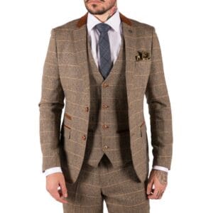 Mens Check Vintage Herringbone Tweed Tan Brown 3 Piece Suit Slim Fit Wedding - Knighthood Store