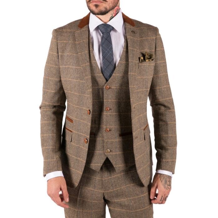 Mens Check Vintage Herringbone Tweed Tan Brown 3 Piece Suit Slim Fit Wedding - Knighthood Store