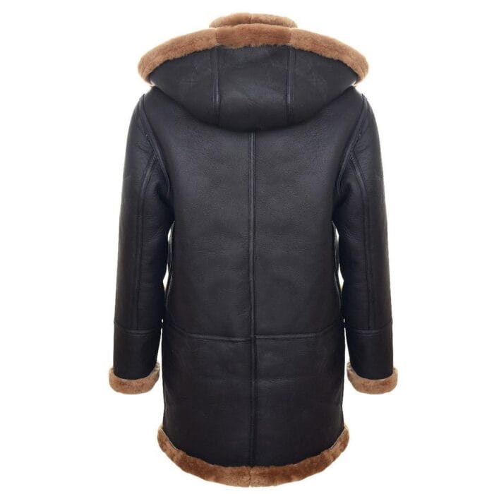 Mens Genuine Shearling Sheepskin Duffle Coat WW2 UK Winter 3/4 Hood Brown Ginger - Knighthood Store
