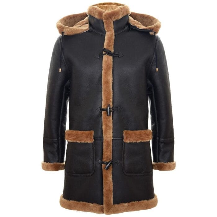 Mens Genuine Shearling Sheepskin Duffle Coat WW2 UK Winter 3/4 Hood Brown Ginger - Knighthood Store