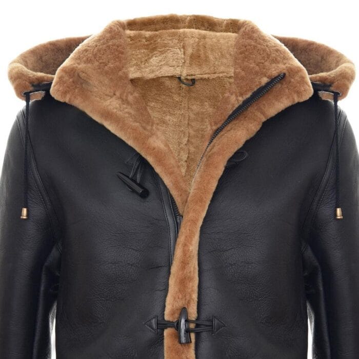 Mens Genuine Shearling Sheepskin Duffle Coat WW2 UK Winter 3/4 Hood Brown Ginger - Knighthood Store