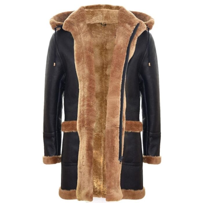 Mens Genuine Shearling Sheepskin Duffle Coat WW2 UK Winter 3/4 Hood Brown Ginger - Knighthood Store