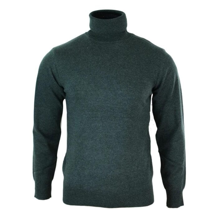 Mens Slim Fit Polar Roll Neck Jumper Light Weight Fitted Cashmere Wool Blend Grey Black Navy - Knighthood Store
