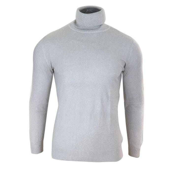 Mens Slim Fit Polar Roll Neck Jumper Light Weight Fitted Cashmere Wool Blend Grey Black Navy - Knighthood Store