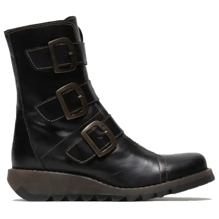 SCOP110FLY - Women's Buckle Strap Leather Biker Ankle Boots - Image 1
