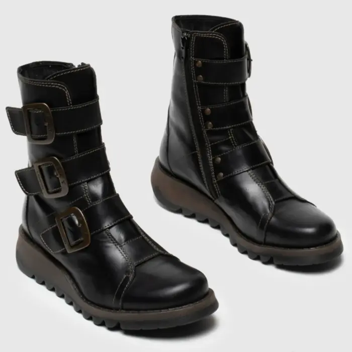 SCOP110FLY - Women's Buckle Strap Leather Biker Ankle Boots - Image 2