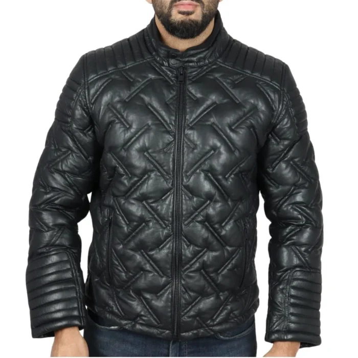 Men's Quilted Puffer Padded Biker Motorcycle Style Real Leather Jacket - Image 1
