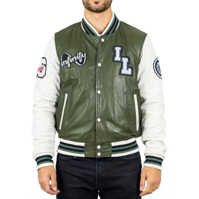 Men's Olive Green Genuine Leather Bomber Jacket Baseball Letterman Coat - Image 1