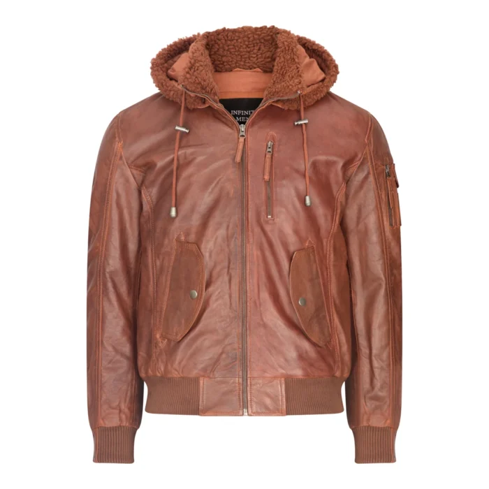 Mens Real Leather Hood Fur Jacket Bomber Aviator Tan Brown Retro - Image 1