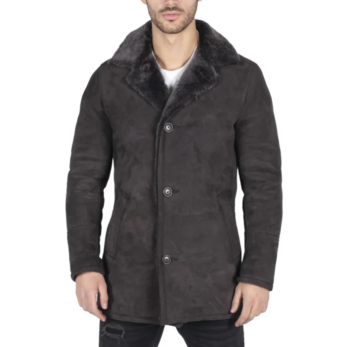 Mens Real Sheepskin Coat Brown Vintage Classic 3/4 Jacket Button Down V Neck - Image 1