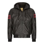 Mens Blue Black Hood Real Leather Bomber Jacket Red Stripes Quilted Slim Fit Casual