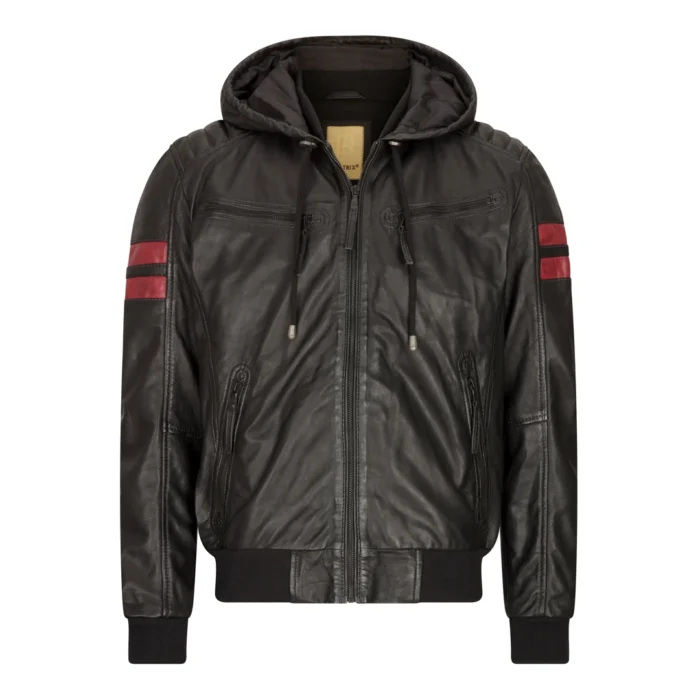 Mens Blue Black Hood Real Leather Bomber Jacket Red Stripes Quilted Slim Fit Casual - Image 1