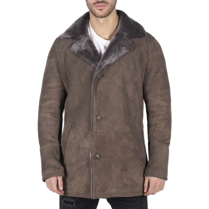 Mens Real Sheepskin Coat Beige Vintage Classic 3/4 Jacket Button Down V Neck - Image 1