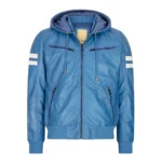 Mens Blue Black Hood Real Leather Bomber Jacket Red Stripes Quilted Slim Fit Casual - Image 6
