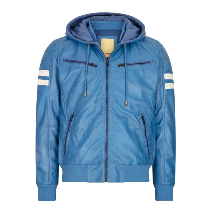 Mens Blue Black Hood Real Leather Bomber Jacket Red Stripes Quilted Slim Fit Casual - Image 6