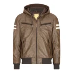Mens Blue Black Hood Real Leather Bomber Jacket Red Stripes Quilted Slim Fit Casual - Image 11