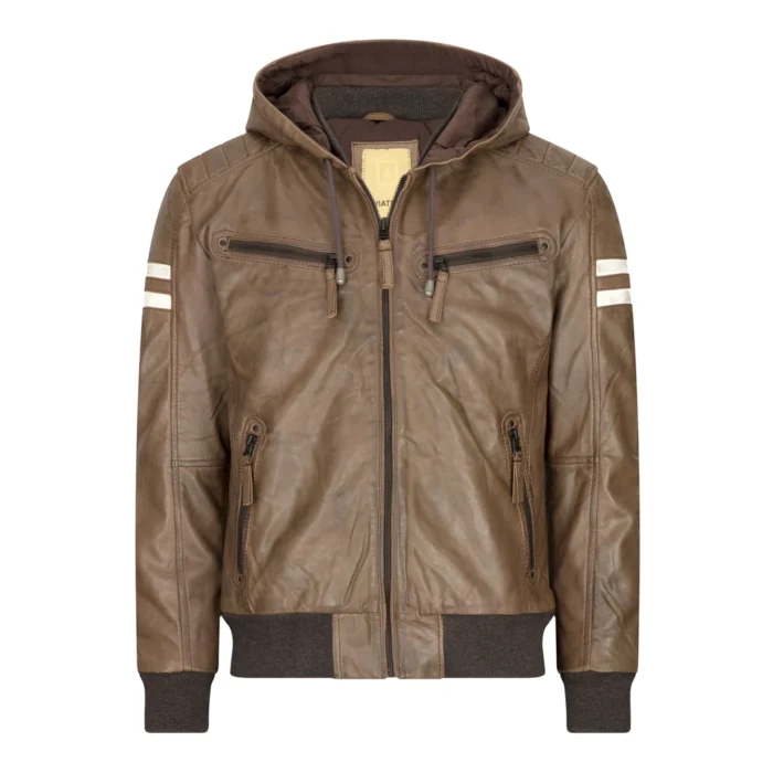 Mens Blue Black Hood Real Leather Bomber Jacket Red Stripes Quilted Slim Fit Casual - Image 11