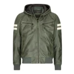 Mens Blue Black Hood Real Leather Bomber Jacket Red Stripes Quilted Slim Fit Casual - Image 16
