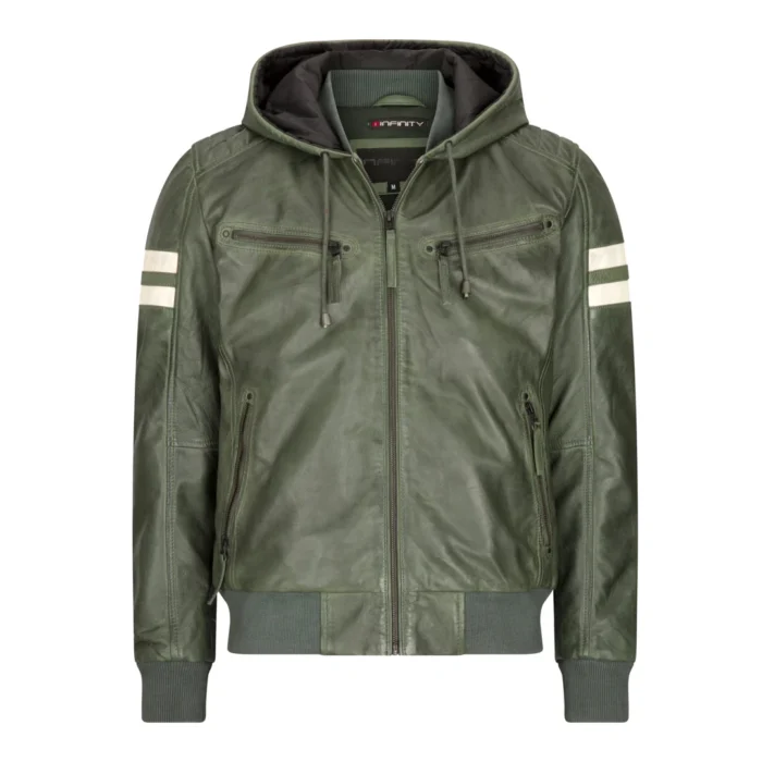 Mens Blue Black Hood Real Leather Bomber Jacket Red Stripes Quilted Slim Fit Casual - Image 16