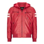 Mens Blue Black Hood Real Leather Bomber Jacket Red Stripes Quilted Slim Fit Casual - Image 26