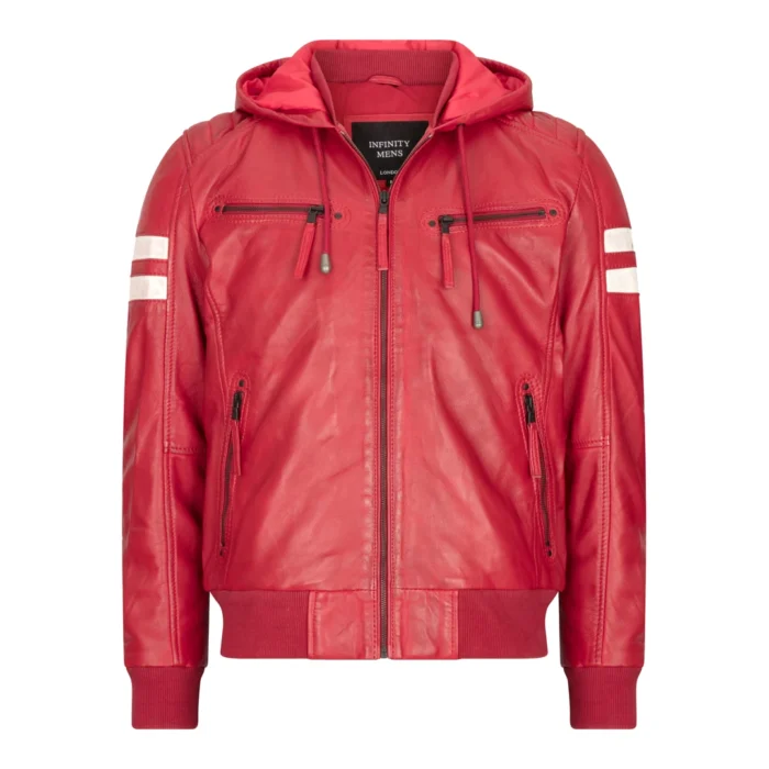 Mens Blue Black Hood Real Leather Bomber Jacket Red Stripes Quilted Slim Fit Casual - Image 26