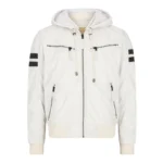 Mens Blue Black Hood Real Leather Bomber Jacket Red Stripes Quilted Slim Fit Casual - Image 31