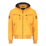 Mens Blue Black Hood Real Leather Bomber Jacket Red Stripes Quilted Slim Fit Casual - Image 36