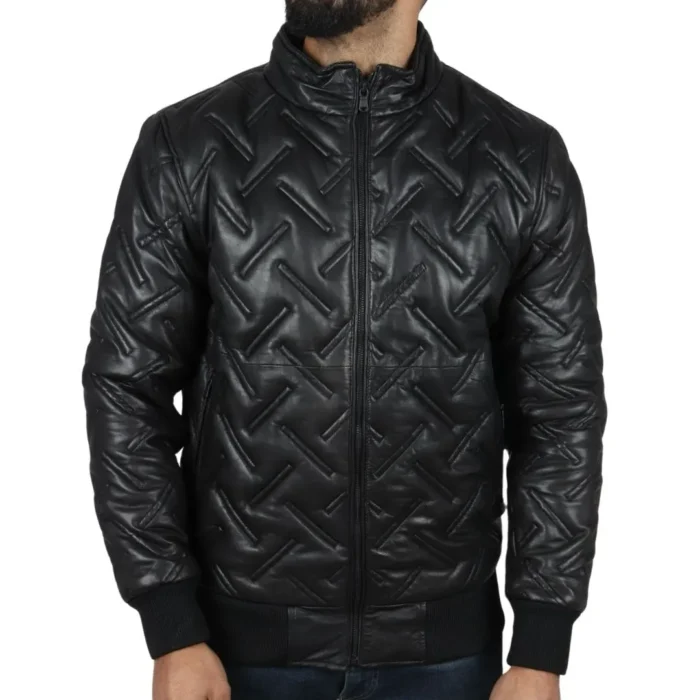 Men's Puffer Quilted Bomber Jacket Real Leather Casual - Image 1