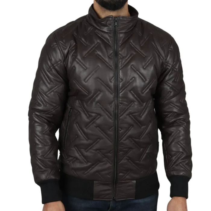 Men's Puffer Quilted Bomber Jacket Real Leather Casual - Image 7