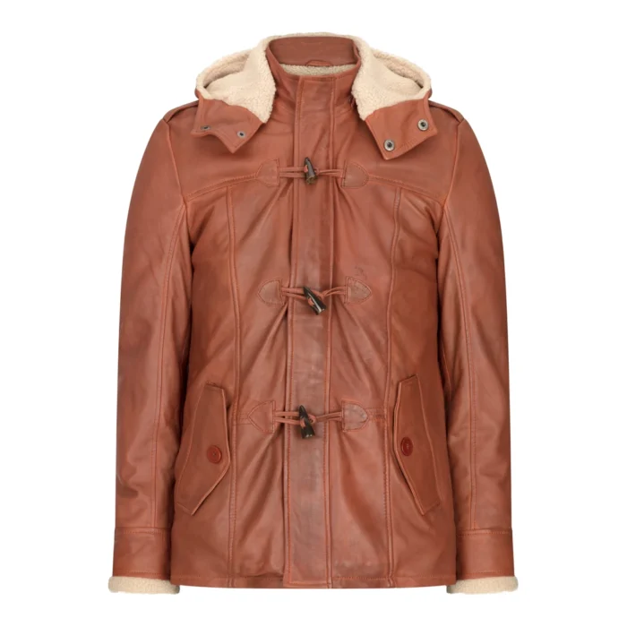 Mens Real Leather Hood Duffle Safari Jacket Long 3/4 Fur Washed Vintage Brown - Image 7
