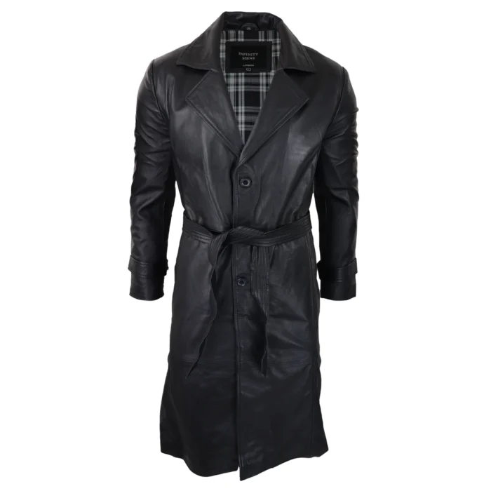 Mens Black 3/4 Mac Long Real Leather Classic Belted Punk Jacket Coat Vintage 80s - Image 1