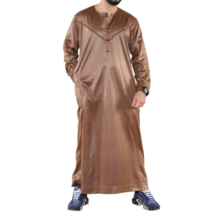 Mens Thobe Jubba Islamic Clothing Muslim Kaftan Emirati Omani Robe Satin Shiny - Image 18