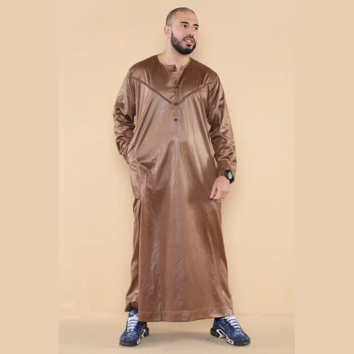 Mens Thobe Jubba Islamic Clothing Muslim Kaftan Emirati Omani Robe Satin Shiny - Image 21