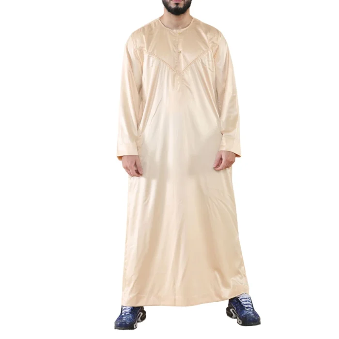 Mens Thobe Jubba Islamic Clothing Muslim Kaftan Emirati Omani Robe Satin Shiny - Image 1