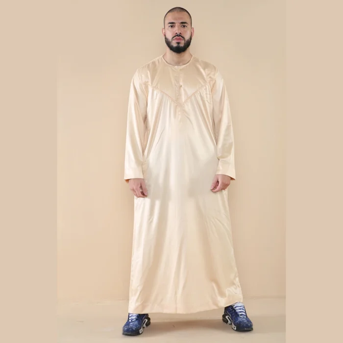Mens Thobe Jubba Islamic Clothing Muslim Kaftan Emirati Omani Robe Satin Shiny - Image 6